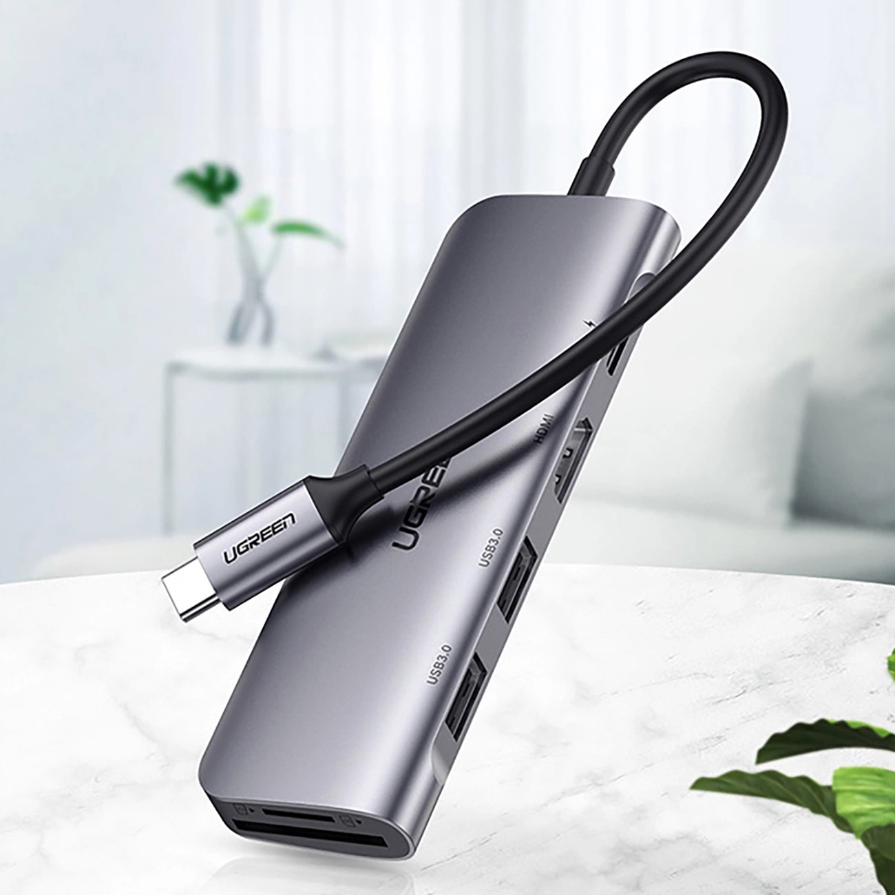 Hub USB-C UGREEN CM195 (15214), 2 x USB-A 3.0 - 1 x USB-C - 1 x HDMI - 1 x SD - 1 x microSD, Harmaa