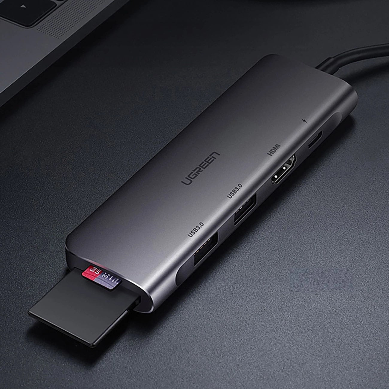 Hub USB-C UGREEN CM195 (15214), 2 x USB-A 3.0 - 1 x USB-C - 1 x HDMI - 1 x SD - 1 x microSD, Harmaa
