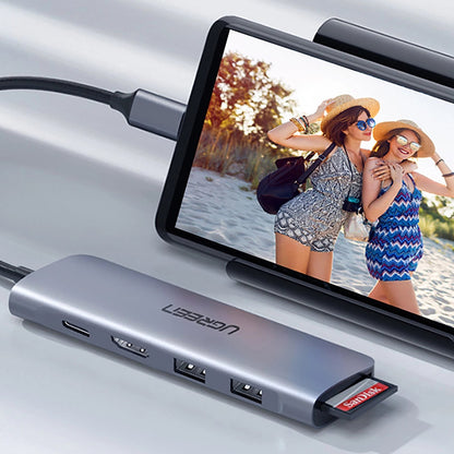 Hub USB-C UGREEN CM195 (15214), 2 x USB-A 3.0 - 1 x USB-C - 1 x HDMI - 1 x SD - 1 x microSD, Harmaa