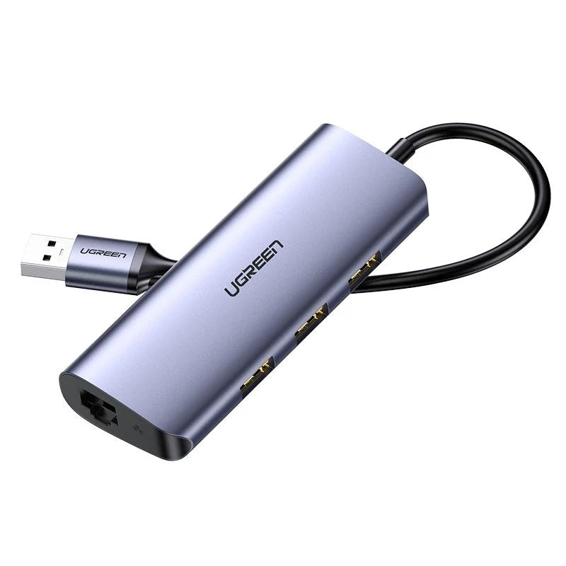 Hub USB-C UGREEN CM252, 3 x USB-A 3.0 - 1 x USB-C - RJ45, Harmaa
