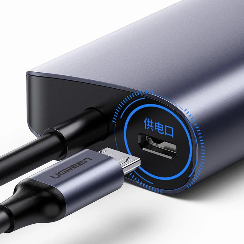 Hub USB-C UGREEN CM252, 3 x USB-A 3.0 - 1 x USB-C - RJ45, Harmaa