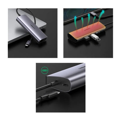 Hub USB-C UGREEN CM252, 3 x USB-A 3.0 - 1 x USB-C - RJ45, Harmaa