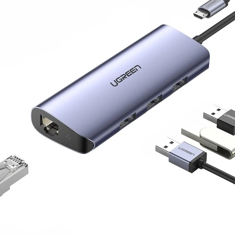 Hub USB-C UGREEN CM252, 3 x USB-A 3.0 - 1 x USB-C - RJ45, Harmaa
