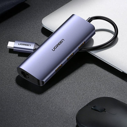 Hub USB-C UGREEN CM252, 3 x USB-A 3.0 - 1 x USB-C - RJ45, Harmaa