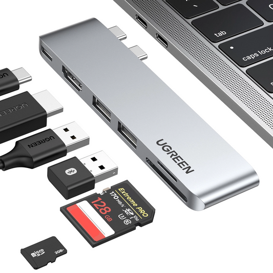 UGREEN CM380 USB-C -keskitin (80856) Apple MacBook Pro / Air -sarjalle, 2 x USB-A 3.0 - 1 x USB-C - 1 x HDMI - 1 x SD - 1 x microSD