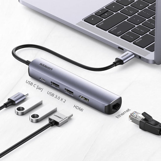 Hub USB-C UGREEN CM418 (10919), 2 x USB-A 3.0 - 1 x USB-C - 1 x HDMI - 1 x RJ45, Harmaa