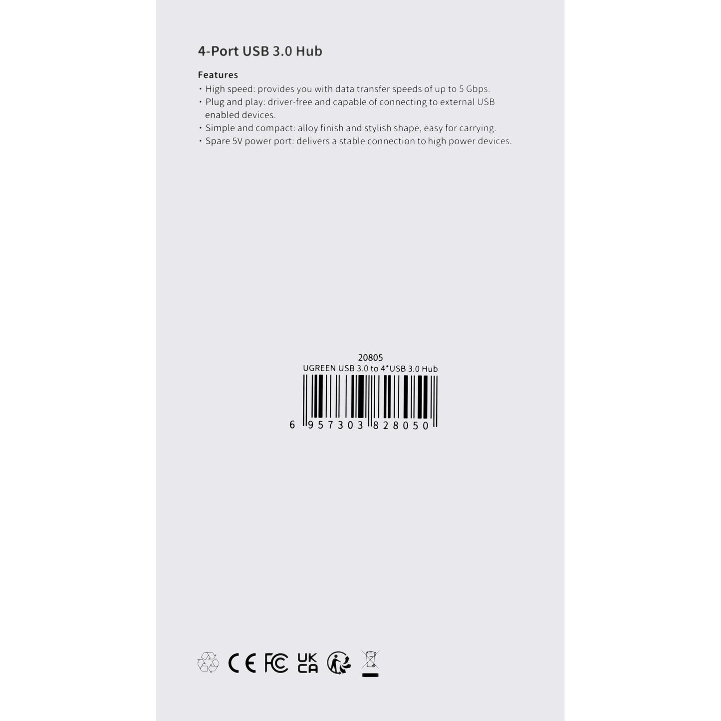 USB-C Hub UGREEN CM473, 4 x USB-A 3.0, 0.15m, Grey 