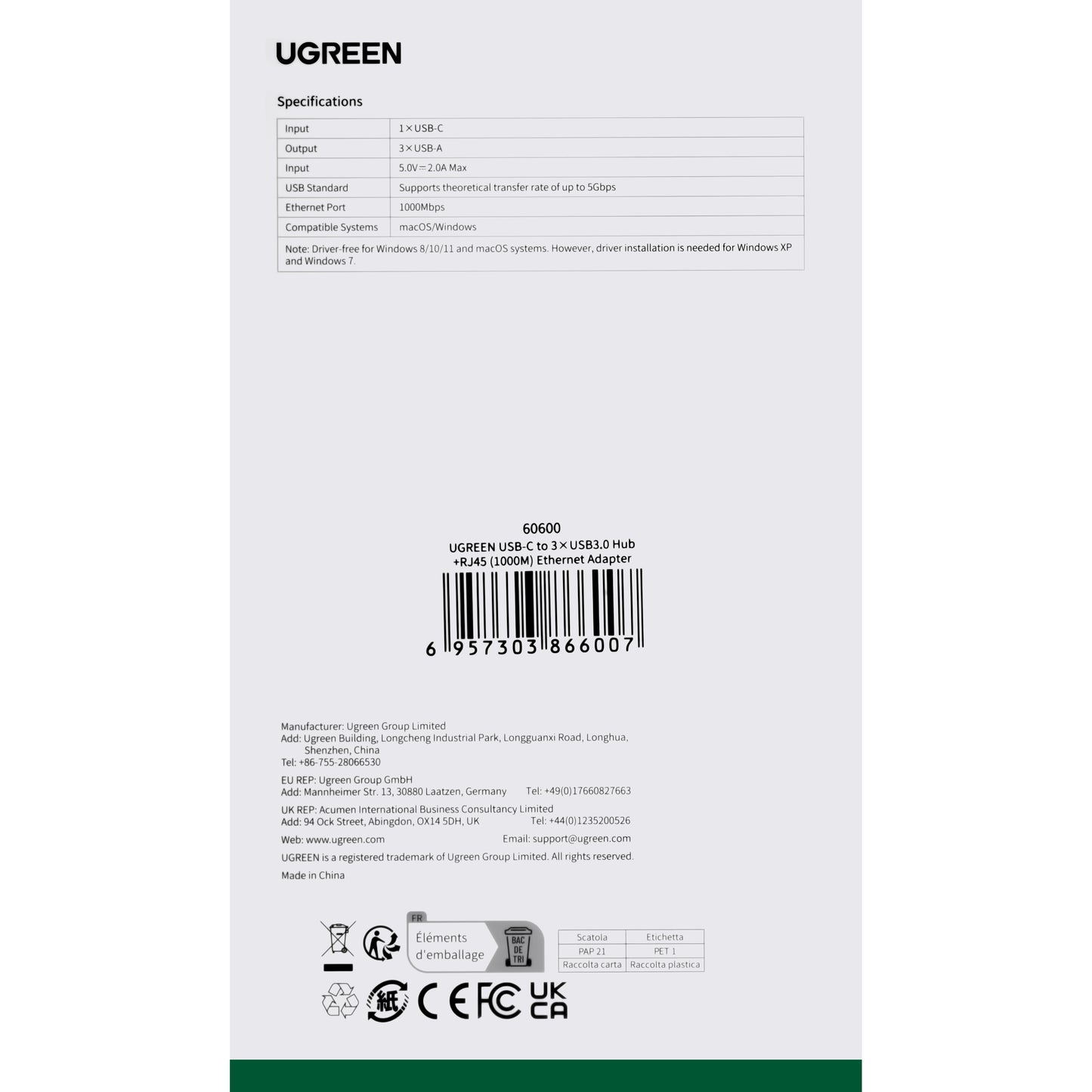 USB-C Hub UGREEN CM475, 3 x USB-A 3.0 - 1 x RJ45, Grey 