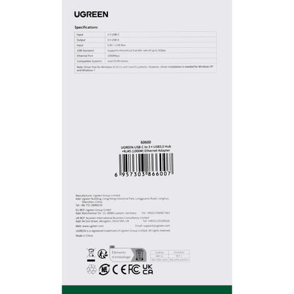 USB-C Hub UGREEN CM475, 3 x USB-A 3.0 - 1 x RJ45, Grey 