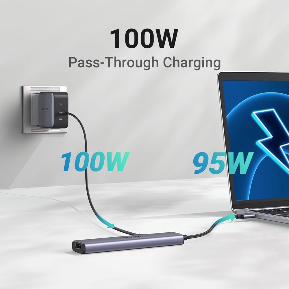 Hub USB-C UGREEN CM478, 1 x USB-A 3.0 - 2 x USB-A - 1 x USB-C - 1 x HDMI, Harmaa