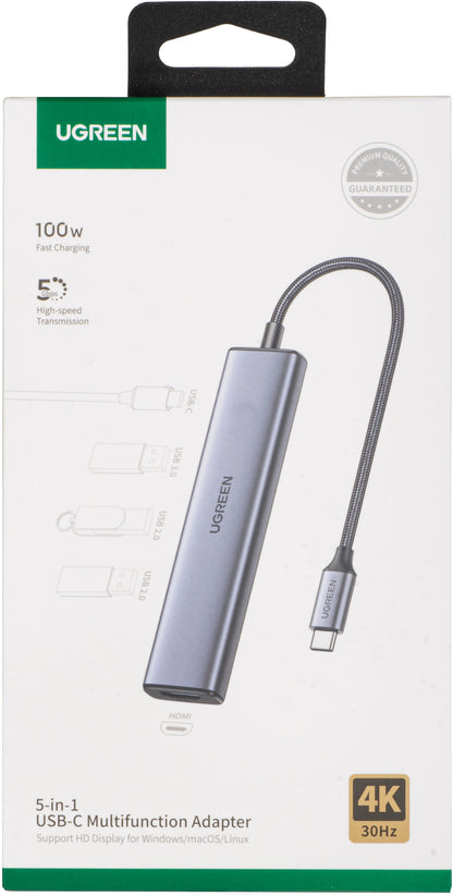 Hub USB-C UGREEN CM478, 1 x USB-A 3.0 - 2 x USB-A - 1 x USB-C - 1 x HDMI, Harmaa