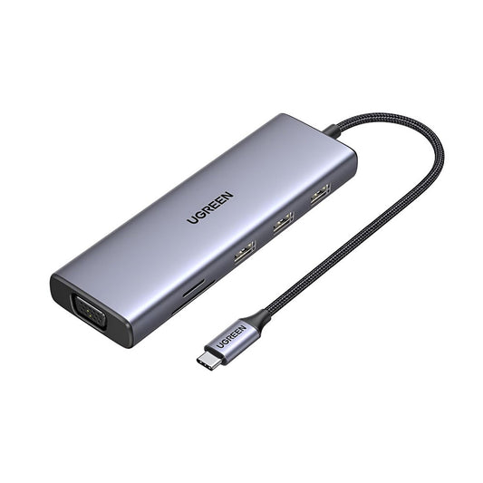 Hub USB-C UGREEN CM498 (15600), 3 x USB-A 3.0 - 1 x USB-C - 1 x HDMI - 1 x VGA - 1 x RJ45 - 1 x SD - 1 x microSD, Harmaa