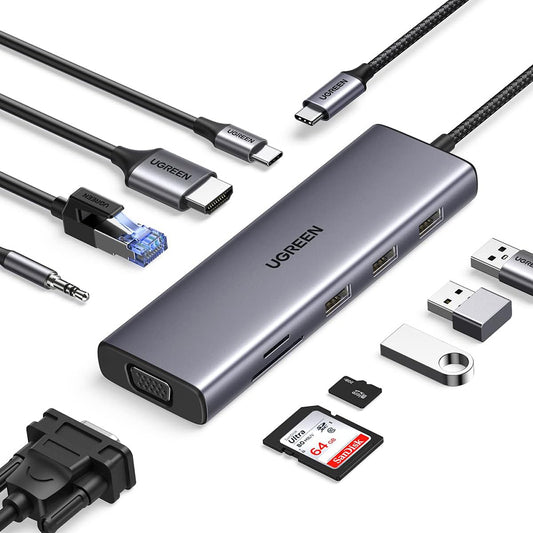 Hub USB-C UGREEN CM498 (15601), 3 x USB-A 3.0 - 1 x USB-C - 1 x HDMI - 1 x VGA - 1 x Jack 3.5mm - 1 x RJ45 - 1 x SD - 1 x microSD, Harmaa