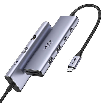 USB-C-keskitin UGREEN CM498 (15375), 2 x USB-A - 3 x USB-C - 1 x HDMI - 1 x RJ45 - 1 x SD - 1 x microSD, Harmaa