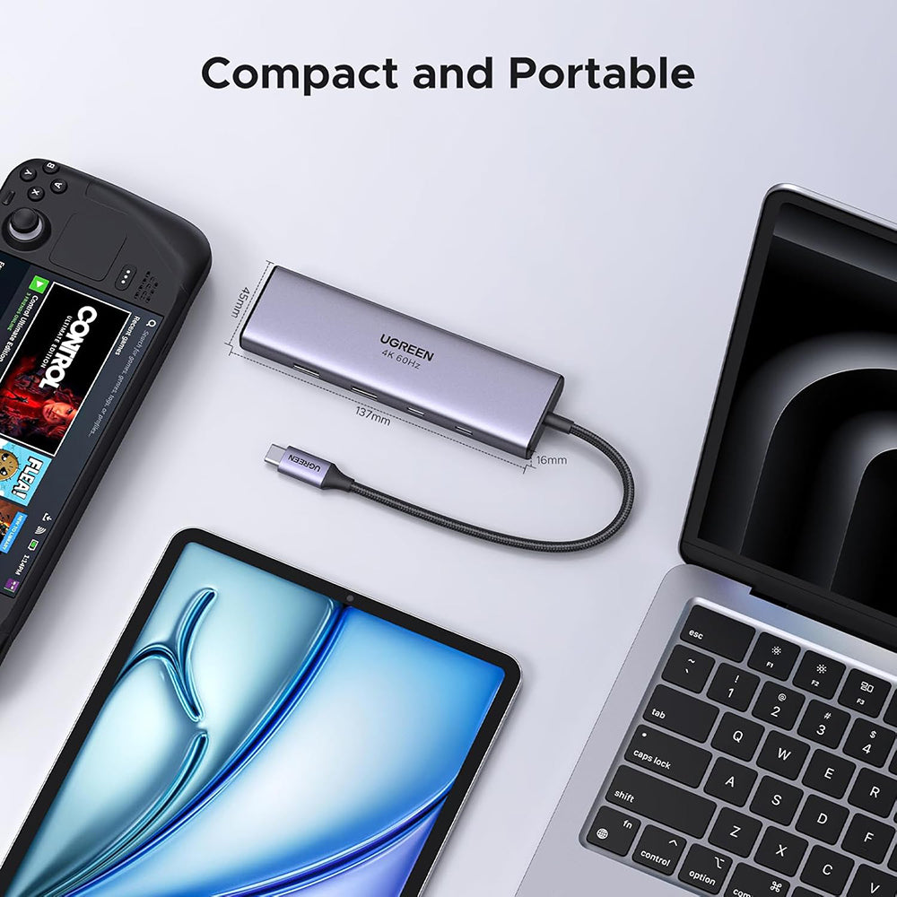 USB-C-keskitin UGREEN CM498 (15375), 2 x USB-A - 3 x USB-C - 1 x HDMI - 1 x RJ45 - 1 x SD - 1 x microSD, Harmaa