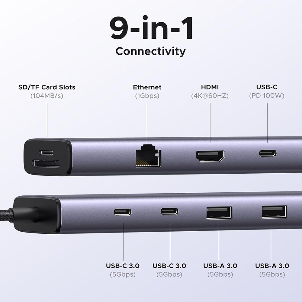 USB-C-keskitin UGREEN CM498 (15375), 2 x USB-A - 3 x USB-C - 1 x HDMI - 1 x RJ45 - 1 x SD - 1 x microSD, Harmaa