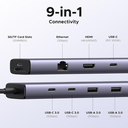 USB-C-keskitin UGREEN CM498 (15375), 2 x USB-A - 3 x USB-C - 1 x HDMI - 1 x RJ45 - 1 x SD - 1 x microSD, Harmaa