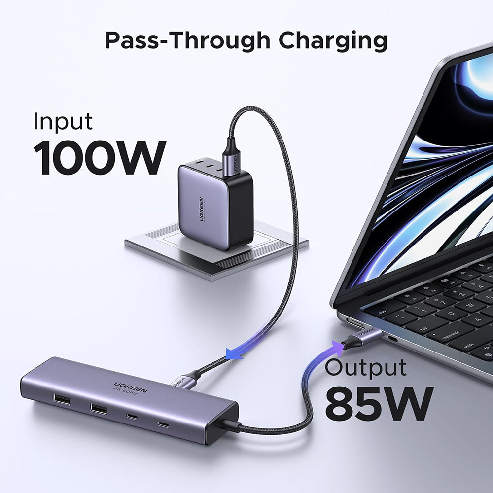 USB-C-keskitin UGREEN CM498 (15375), 2 x USB-A - 3 x USB-C - 1 x HDMI - 1 x RJ45 - 1 x SD - 1 x microSD, Harmaa