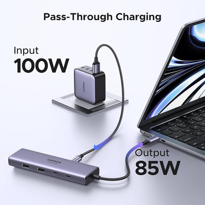 USB-C-keskitin UGREEN CM498 (15375), 2 x USB-A - 3 x USB-C - 1 x HDMI - 1 x RJ45 - 1 x SD - 1 x microSD, Harmaa