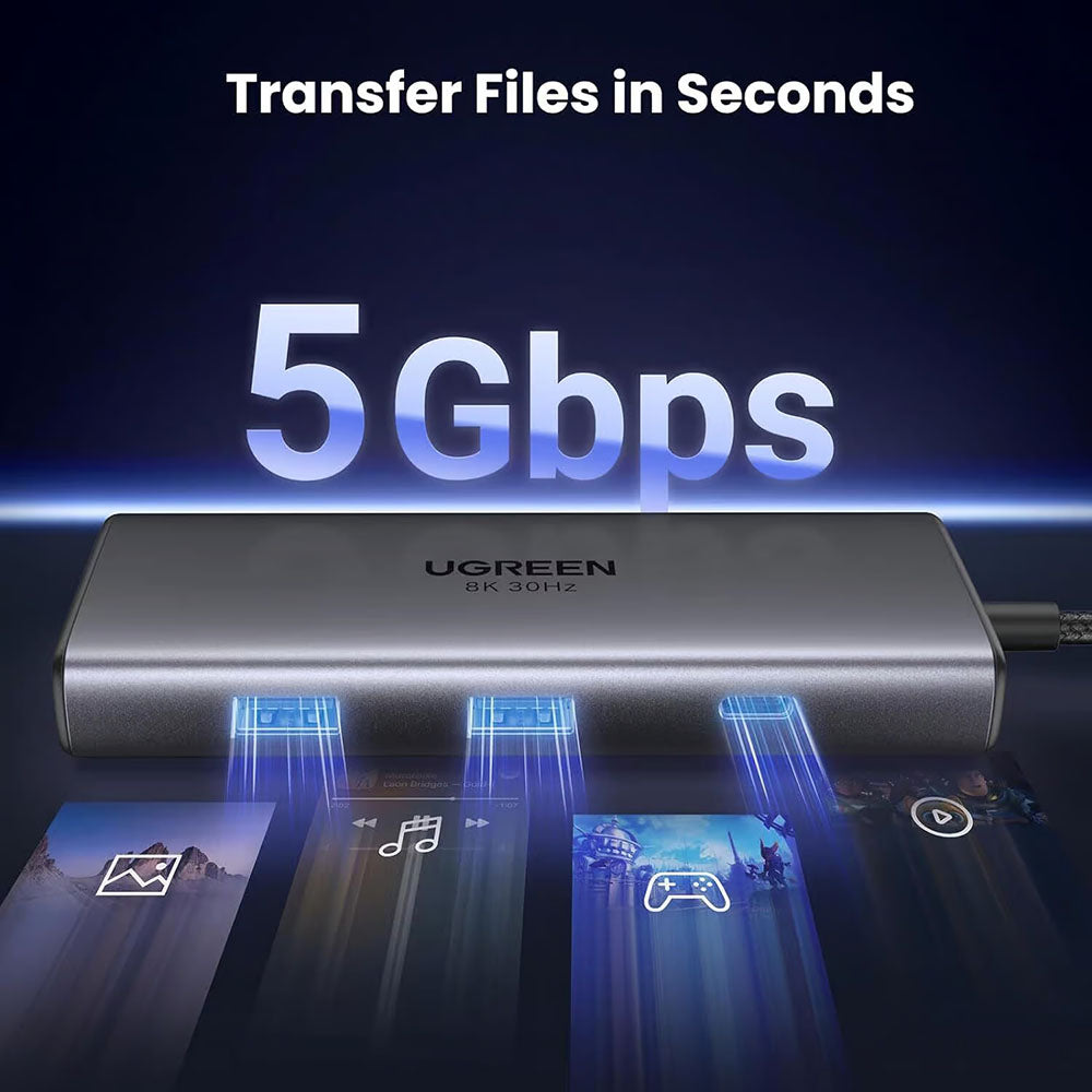 Hub USB-C UGREEN CM498 (15852), 2 x USB-A 3.0 - 2 x USB-C - 2 x HDMI, Harmaa