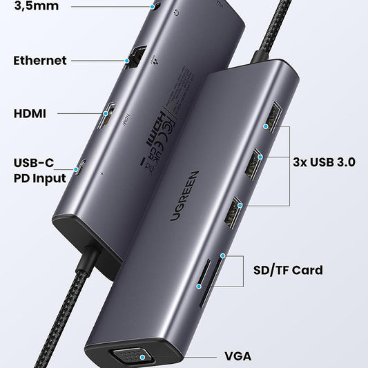 Hub USB-C UGREEN CM498 (15601), 3 x USB-A 3.0 - 1 x USB-C - 1 x HDMI - 1 x VGA - 1 x Jack 3.5mm - 1 x RJ45 - 1 x SD - 1 x microSD, Harmaa