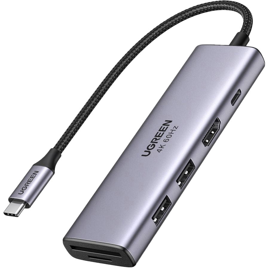Hub USB-C UGREEN CM511 (60384), 2 x USB-A 3.0 - 1 x USB-C - 1 x HDMI - 1 x SD - 1 x microSD, Harmaa