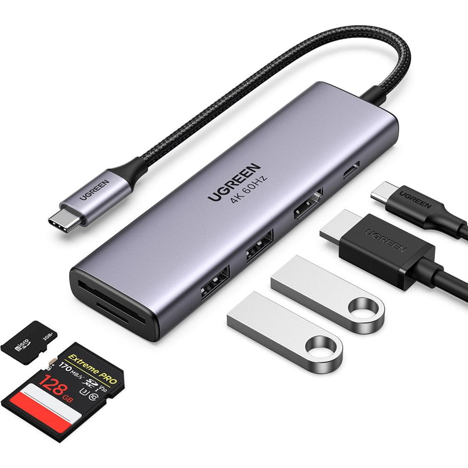 Hub USB-C UGREEN CM511 (60384), 2 x USB-A 3.0 - 1 x USB-C - 1 x HDMI - 1 x SD - 1 x microSD, Harmaa