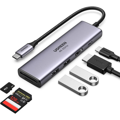 Hub USB-C UGREEN CM511 (60384), 2 x USB-A 3.0 - 1 x USB-C - 1 x HDMI - 1 x SD - 1 x microSD, Harmaa