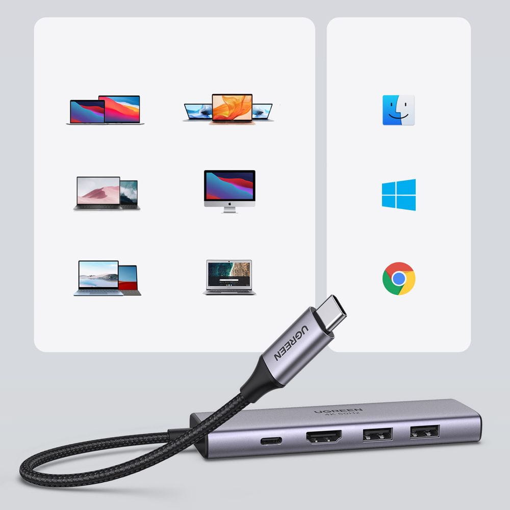 Hub USB-C UGREEN CM511 (60384), 2 x USB-A 3.0 - 1 x USB-C - 1 x HDMI - 1 x SD - 1 x microSD, Harmaa