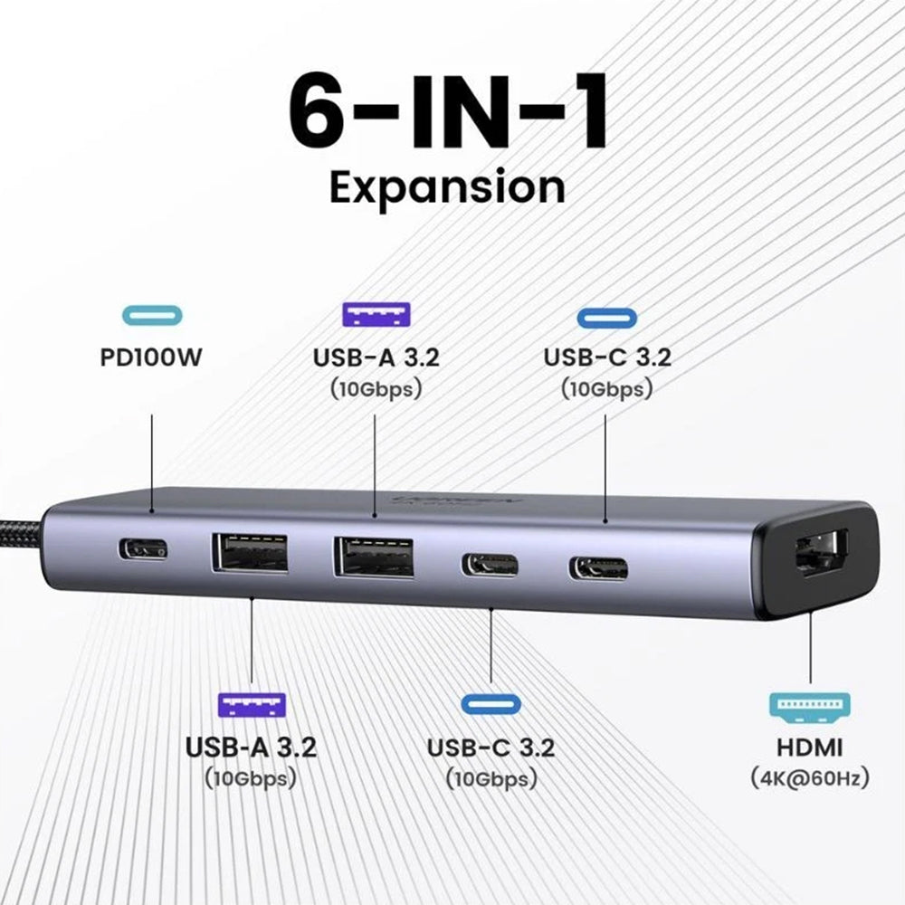 UGREEN CM511 USB-C -keskitin (35999), 2 x USB-A 3.2 - 3 x USB-C - 1 x HDMI, Harmaa