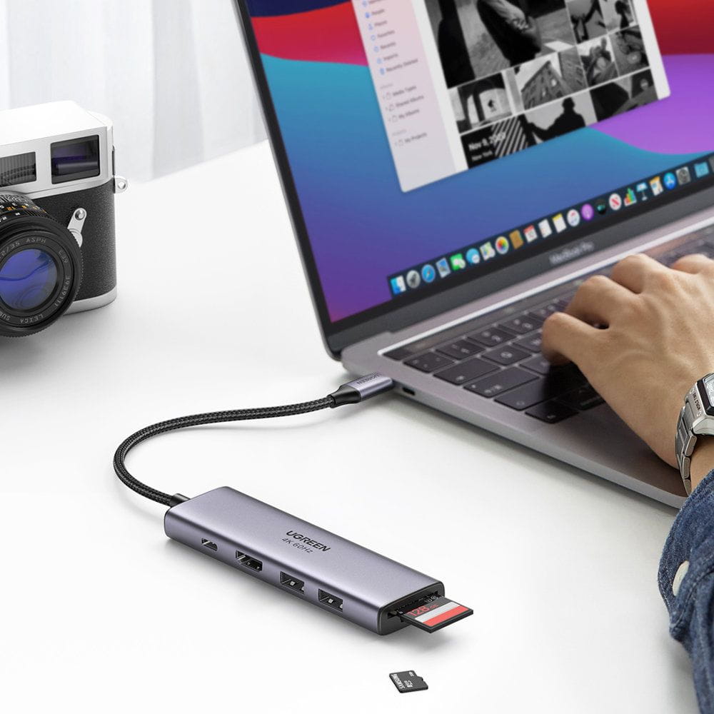 Hub USB-C UGREEN CM511 (60384), 2 x USB-A 3.0 - 1 x USB-C - 1 x HDMI - 1 x SD - 1 x microSD, Harmaa