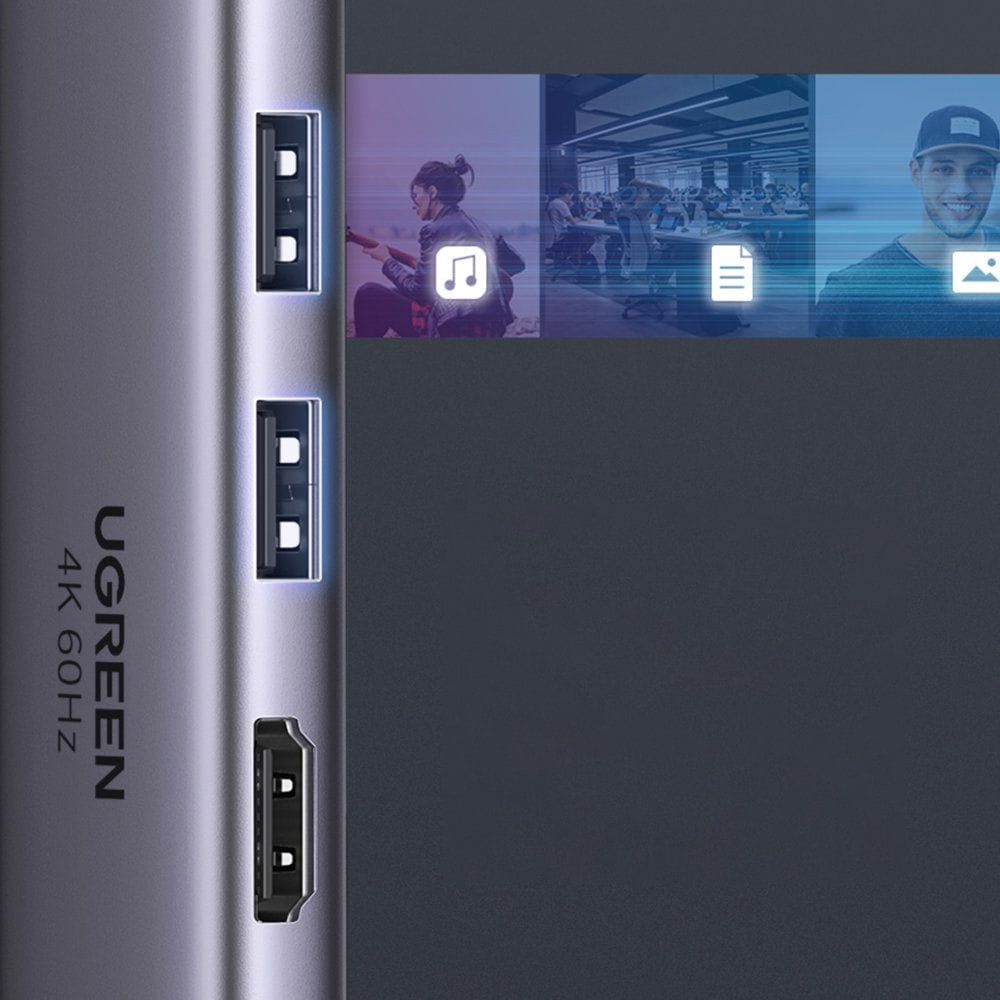 Hub USB-C UGREEN CM511 (60384), 2 x USB-A 3.0 - 1 x USB-C - 1 x HDMI - 1 x SD - 1 x microSD, Harmaa