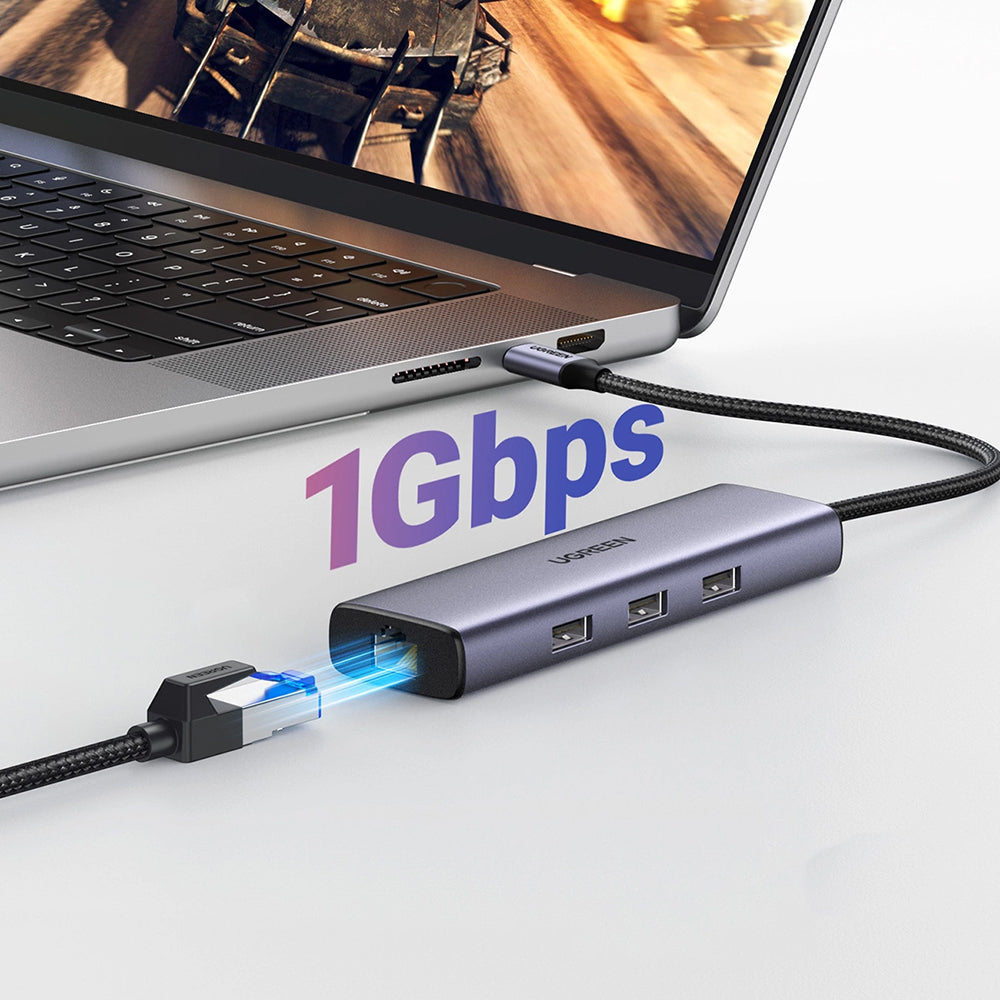Hub USB-C UGREEN CM512 (15598), 3 x USB-A 3.0 - 1 x USB-C - 1 x HDMI - 1 x RJ45, Harmaa