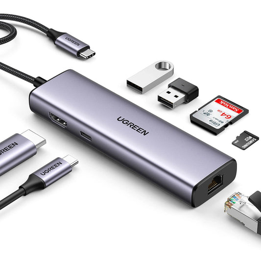 Hub USB-C UGREEN CM512, 2 x USB-A 3.0 - 1 x USB-C - 1 x HDMI - 1 x SD - 1 x microSD - RJ45, Harmaa