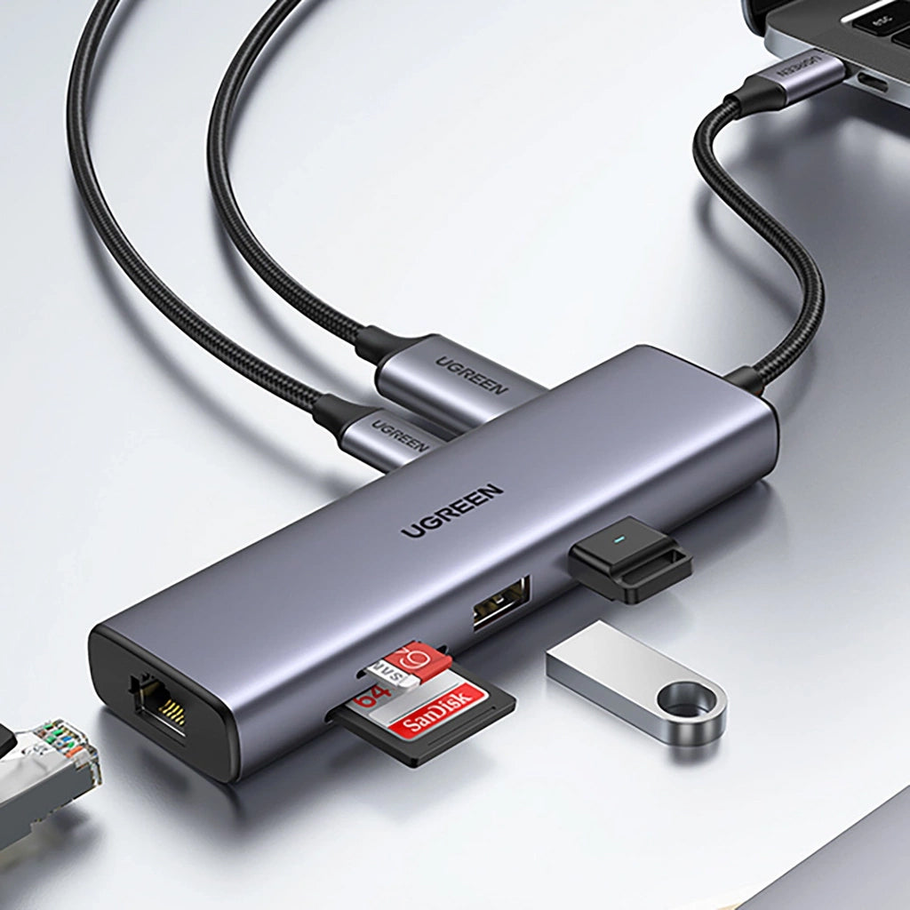 Hub USB-C UGREEN CM512, 2 x USB-A 3.0 - 1 x USB-C - 1 x HDMI - 1 x SD - 1 x microSD - RJ45, Harmaa