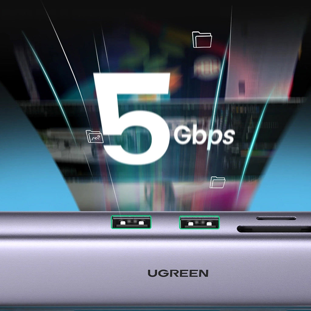Hub USB-C UGREEN CM512, 2 x USB-A 3.0 - 1 x USB-C - 1 x HDMI - 1 x SD - 1 x microSD - RJ45, Harmaa