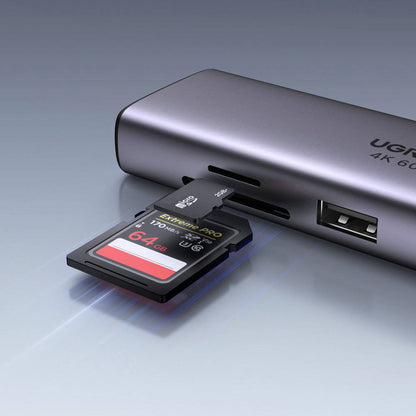 Hub USB-C UGREEN CM512 (60515), 2 x USB-A 3.0 - 1 x USB-C - 1 x HDMI - 1 x SD - 1 x microSD - 1 x RJ45, Harmaa