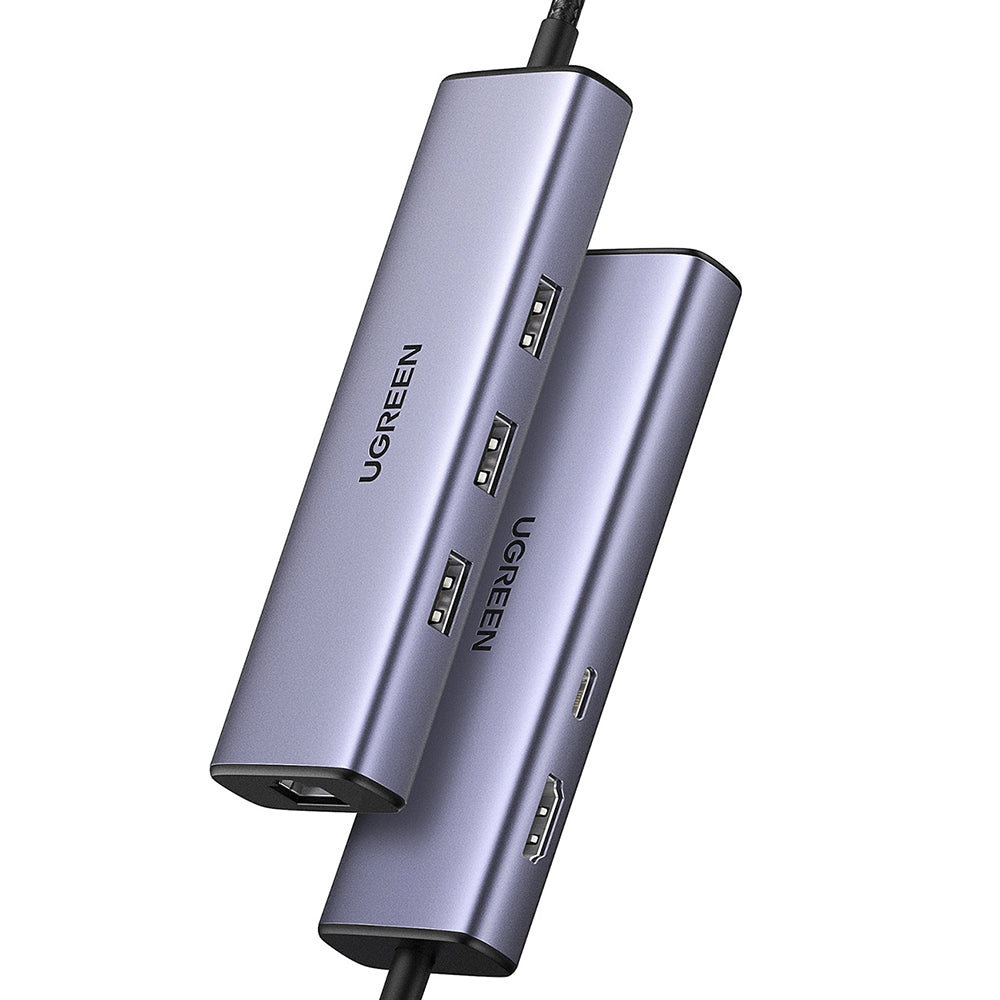Hub USB-C UGREEN CM512 (15598), 3 x USB-A 3.0 - 1 x USB-C - 1 x HDMI - 1 x RJ45, Harmaa
