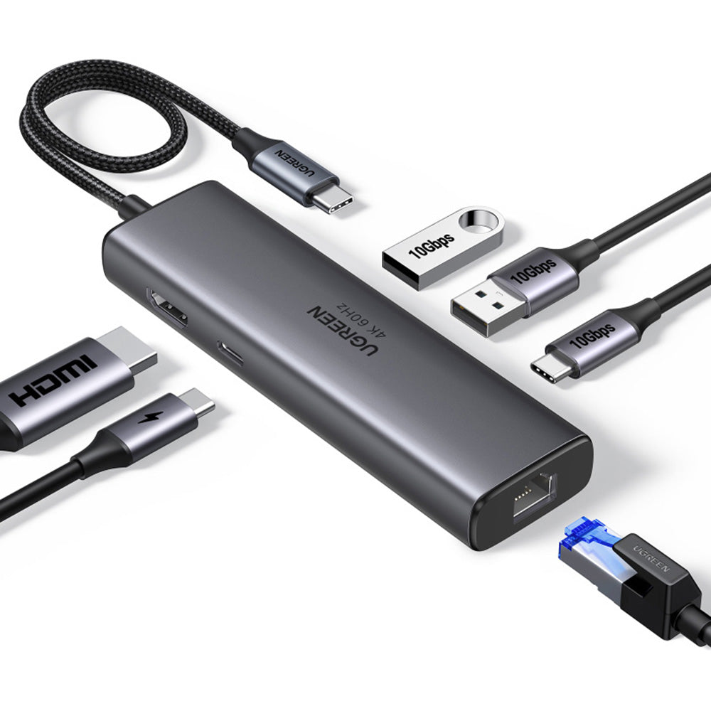 Hub USB-C UGREEN CM512 (45000), 2 x USB-A 3.2 - 2 x USB-C - 1 x HDMI - 1 x RJ45, Harmaa