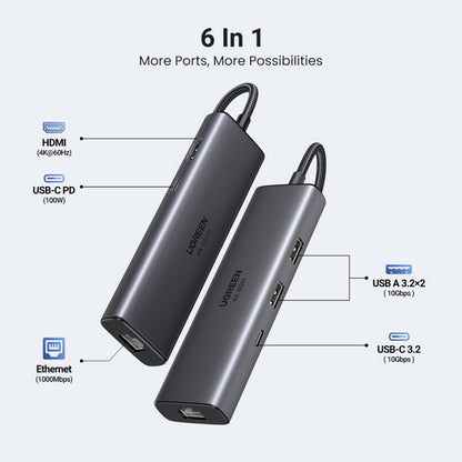 Hub USB-C UGREEN CM512 (45000), 2 x USB-A 3.2 - 2 x USB-C - 1 x HDMI - 1 x RJ45, Harmaa