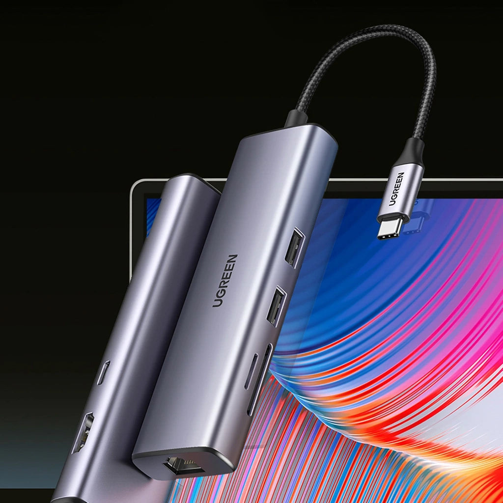 Hub USB-C UGREEN CM512, 2 x USB-A 3.0 - 1 x USB-C - 1 x HDMI - 1 x SD - 1 x microSD - RJ45, Harmaa