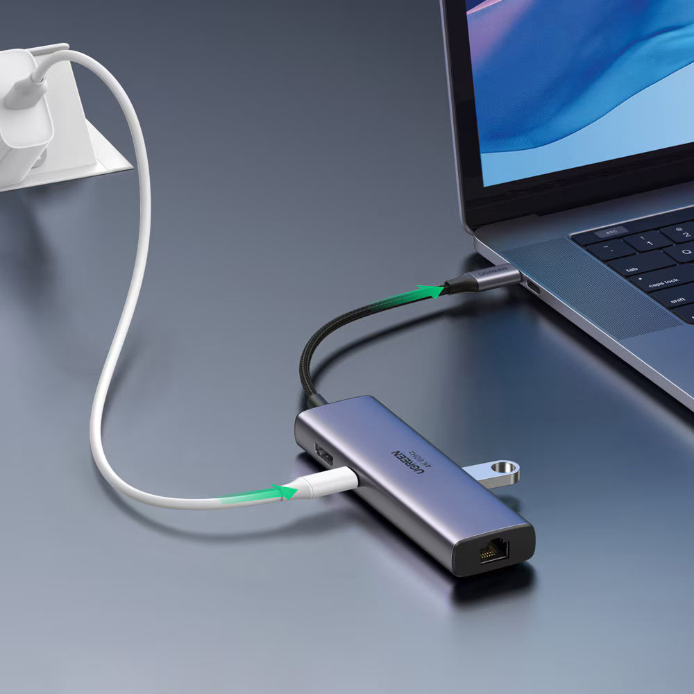 Hub USB-C UGREEN CM512 (60515), 2 x USB-A 3.0 - 1 x USB-C - 1 x HDMI - 1 x SD - 1 x microSD - 1 x RJ45, Harmaa