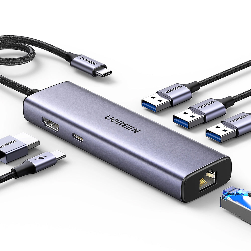 Hub USB-C UGREEN CM512 (15598), 3 x USB-A 3.0 - 1 x USB-C - 1 x HDMI - 1 x RJ45, Harmaa