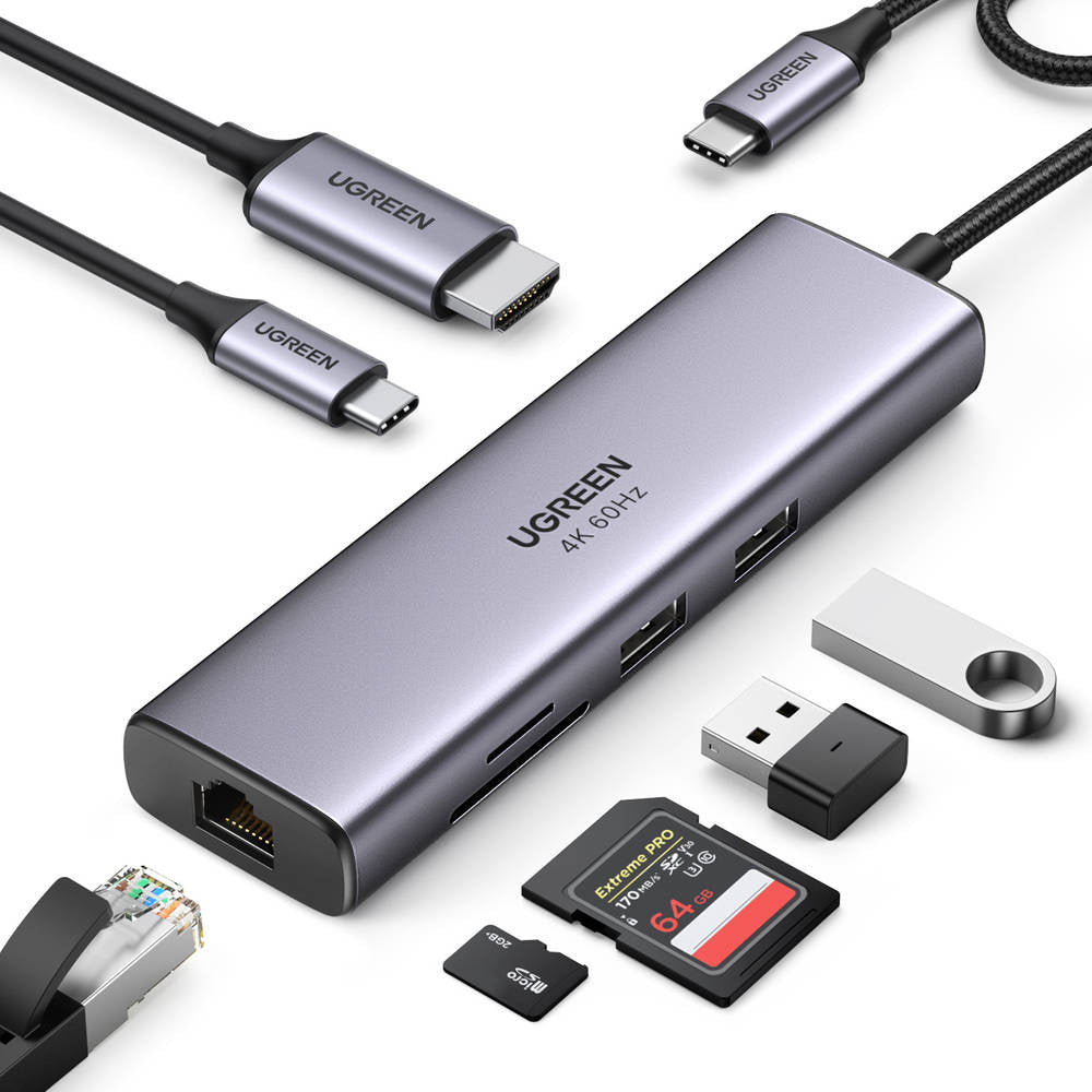 Hub USB-C UGREEN CM512 (60515), 2 x USB-A 3.0 - 1 x USB-C - 1 x HDMI - 1 x SD - 1 x microSD - 1 x RJ45, Harmaa