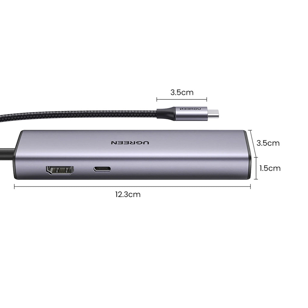 Hub USB-C UGREEN CM512, 2 x USB-A 3.0 - 1 x USB-C - 1 x HDMI - 1 x SD - 1 x microSD - RJ45, Harmaa