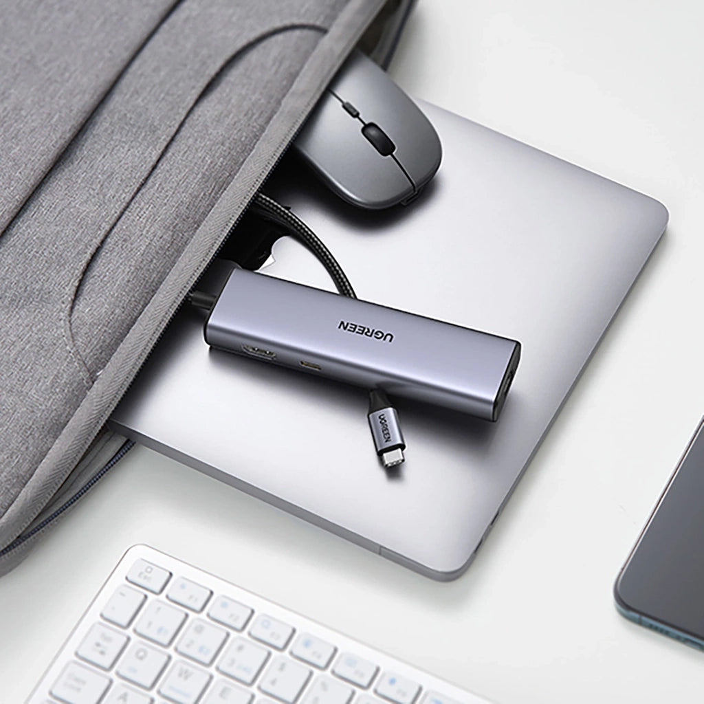Hub USB-C UGREEN CM512, 2 x USB-A 3.0 - 1 x USB-C - 1 x HDMI - 1 x SD - 1 x microSD - RJ45, Harmaa