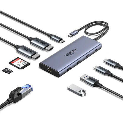 Hub USB-C UGREEN CM639 (45380), 2 x USB-A 3.2 - 3 x USB-C - 2 x HDMI - 1 x RJ45 - 1 x SD - 1 x microSD, Harmaa