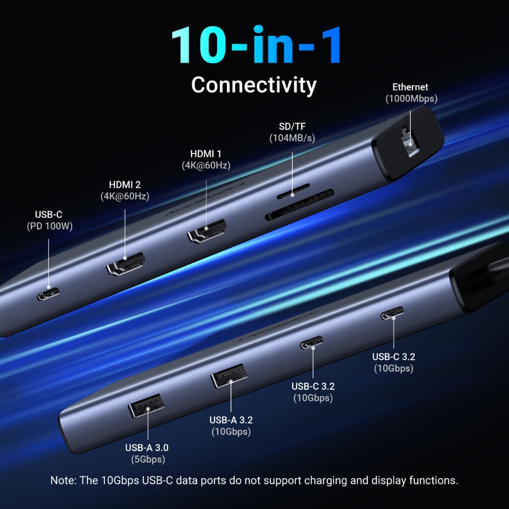 Hub USB-C UGREEN CM639 (45380), 2 x USB-A 3.2 - 3 x USB-C - 2 x HDMI - 1 x RJ45 - 1 x SD - 1 x microSD, Harmaa
