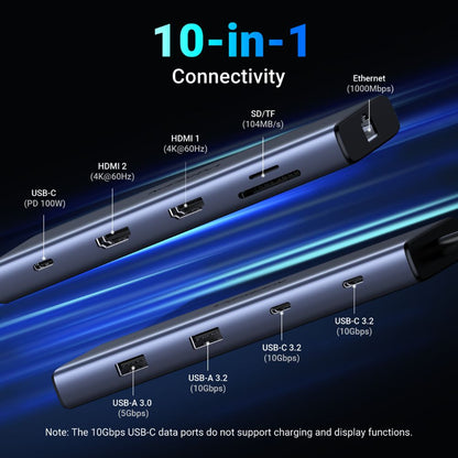 Hub USB-C UGREEN CM639 (45380), 2 x USB-A 3.2 - 3 x USB-C - 2 x HDMI - 1 x RJ45 - 1 x SD - 1 x microSD, Harmaa