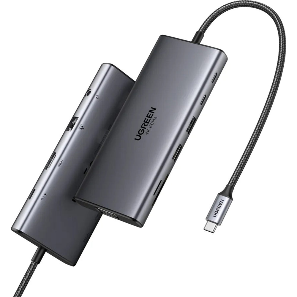 Hub USB-C UGREEN CM639 (45520), 2 x USB-A 3.2 - 3 x USB-C - 1 x HDMI - 1 x VGA - 1 x Jack 3.5mm - 1 x RJ45 - 1 x SD - 1 x microSD, Harmaa
